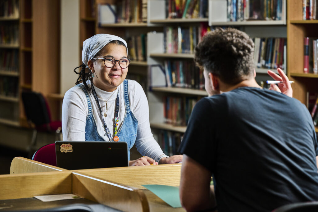 Two students talking to each other