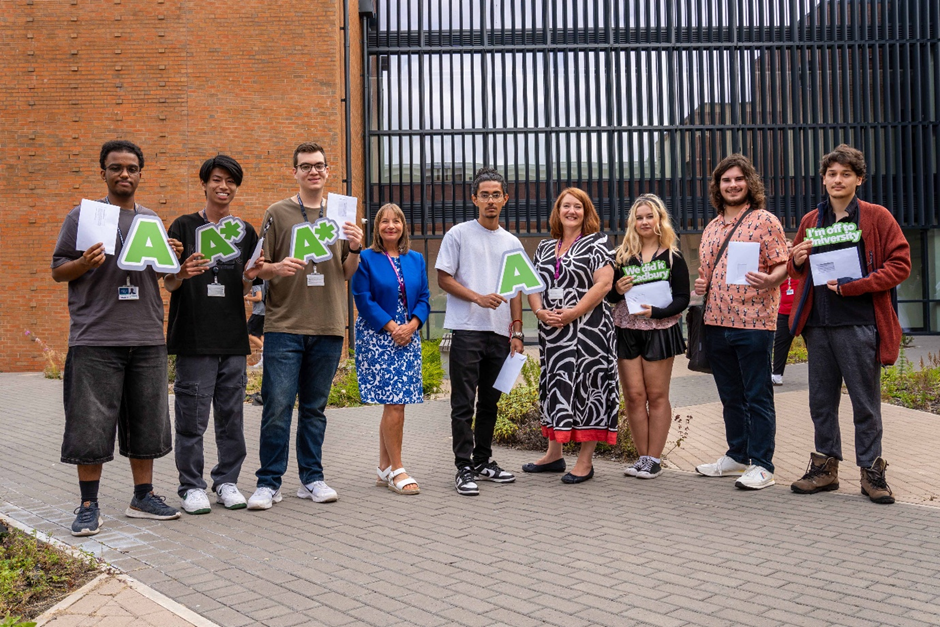 Students at Cadbury College Sixth Form College celebrate A-Level success with Lisa Capper MBE CEO and Principal of The Sandwell Colleges, and Lydia Maher, Cadbury College Campus Principal