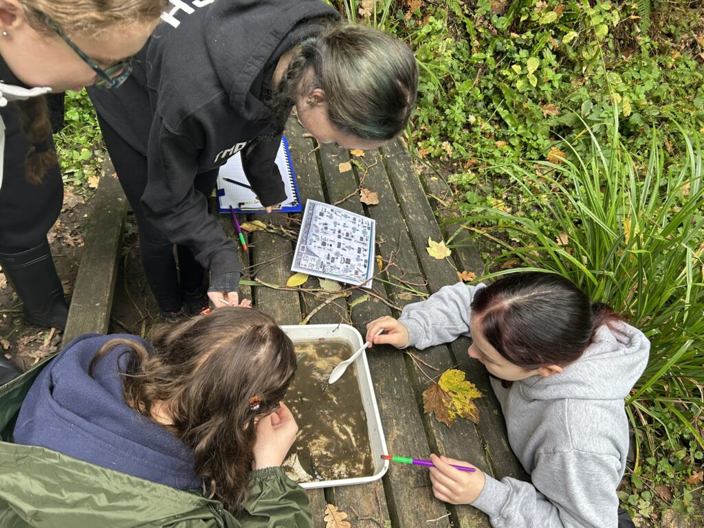 Three Environmental Science students taking river samples