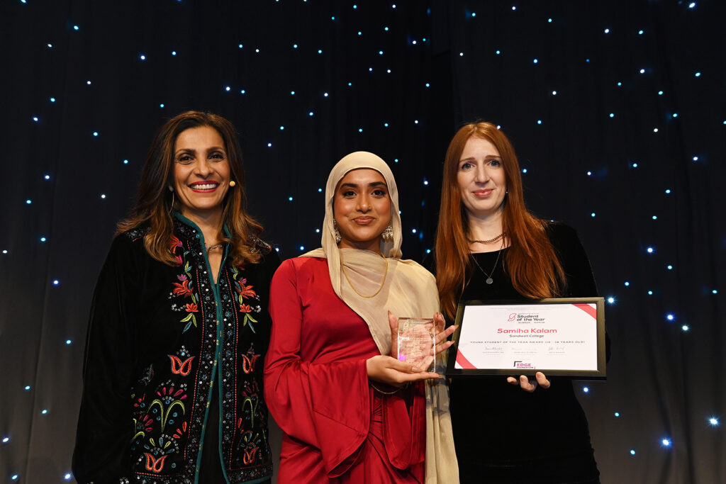 AoC Student of the Year Samiha Kalam is presented with her award by Sameena Ali Khan and a representative from Edge